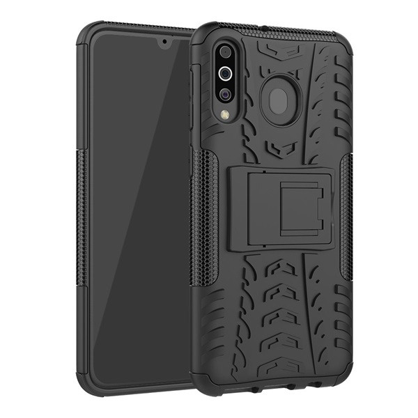 Samsung Galaxy M30 SM-M305F, Műanyag hátlap védőtok, Defender, kitámasztóval és szilikon belsővel, autógumi minta, fekete (G88307)