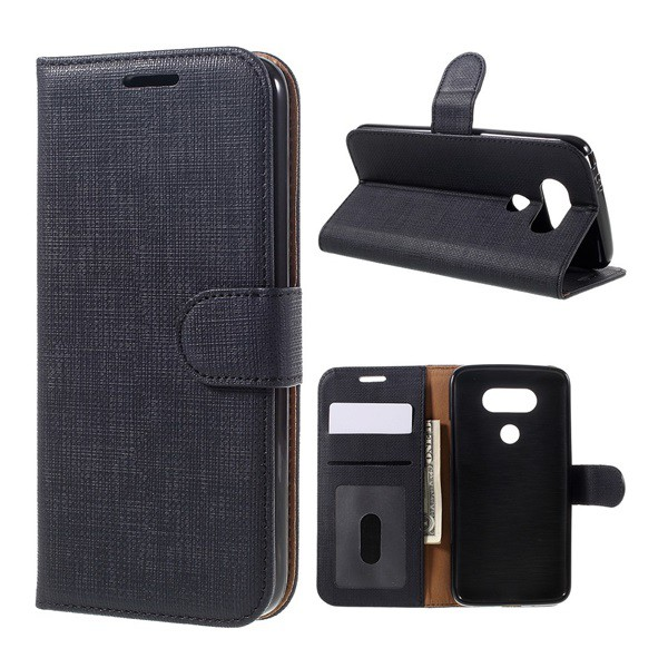 Tok álló, bőr hatású (FLIP, oldalra nyíló, asztali tartó funkció, textil hatás) FEKETE [LG G5 (H850) ] (5996457636891)