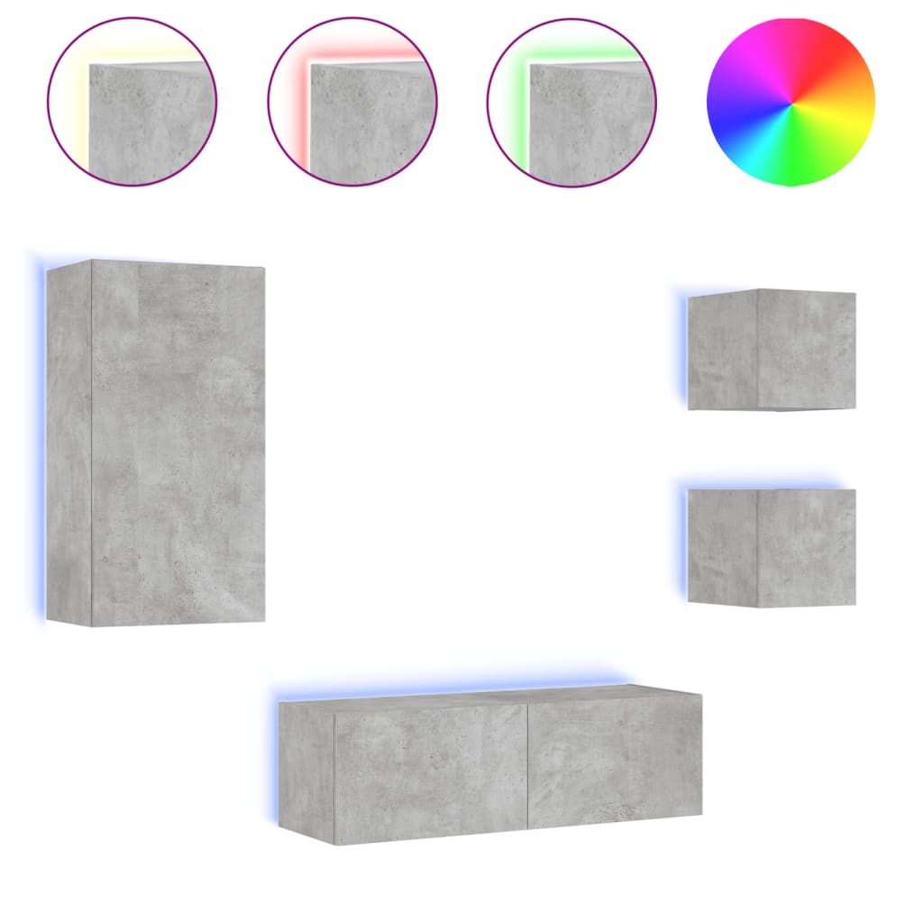 4 darab betonszürke falra szerelhető TV-szekrény LED-del (3216884)