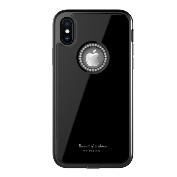WK GINSTONE műanyag telefonvédő (közepesen ütésálló, üveg hátlap, strasszkő, logó kivágás) FEKETE [Apple iPhone XS 5.8] (5996457835713)