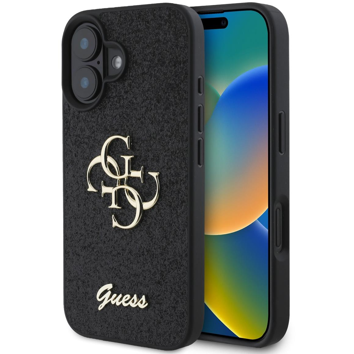 Guess PU Fixed Glitter 4G Metal Logo iPhone 16 Plus Black tok (GUHCP16MHG4SGK)