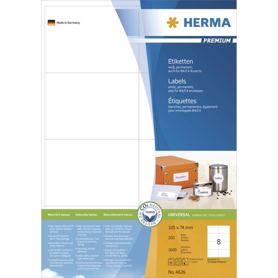 HERMA Etiketten Premium A4 weiß 105x74 mm Papier 1600 St. (4626) (4626)