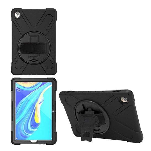 Defender műanyag telefonvédő (közepesen ütésálló, kitámasztó, 360°-ban forgatható + kézpánt) FEKETE [Huawei MediaPad M6 10.8 LTE] (5996457948871)