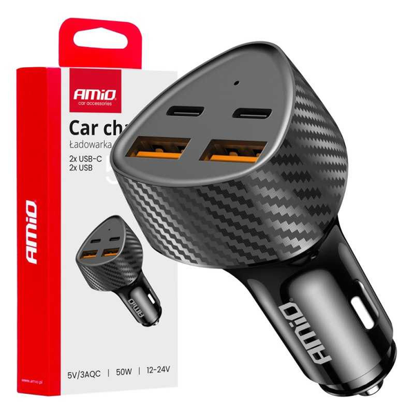 AMiO , Szivargyújtós Töltő,  Dupla Usb + Dupla Usb C, 50W (0504284)