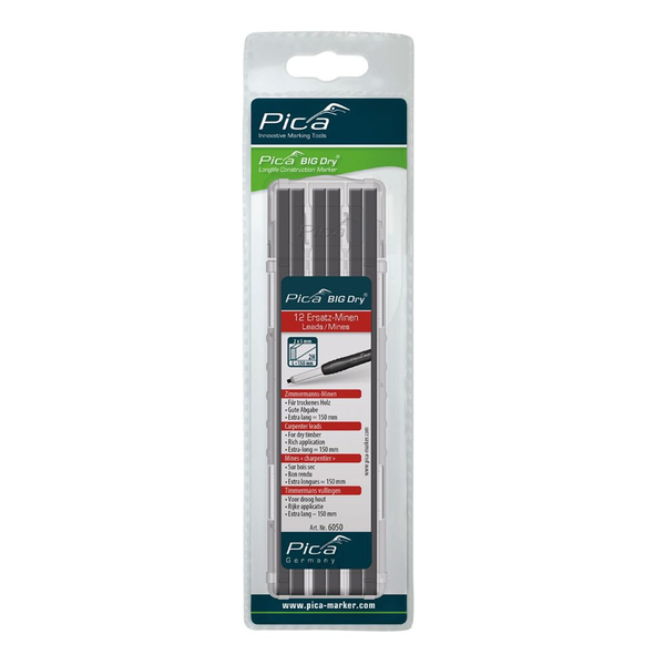 Pica 6050/sb - Estuche Con 12 Minas De Carpintero Big-dry De Grafito 2h (blister)