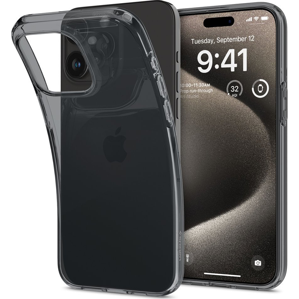 iPhone 15 Pro Max Spigen Crystal Flex Szilikon Telefonvédő Ütésállóság, Légpárnás Sarok, Sötétszürke (ACS06444)