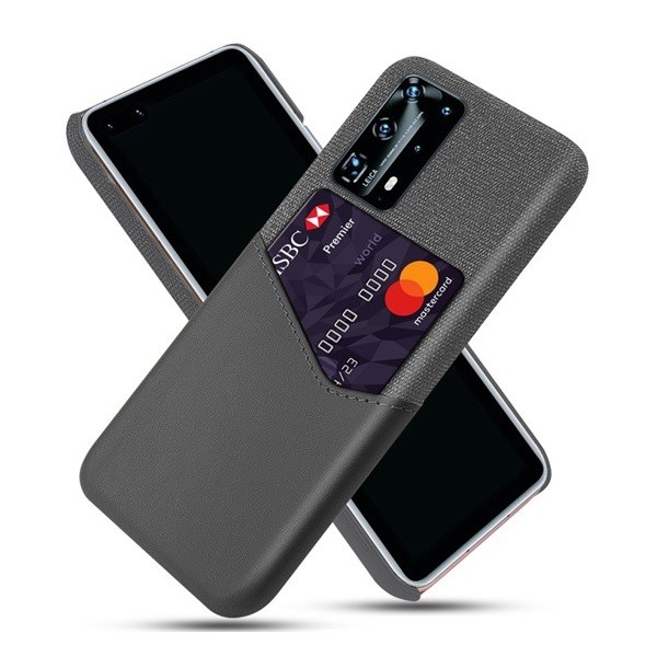 Huawei P40, Műanyag hátlap védőtok, közepesen ütésálló, textil bevonat, bőrhatású hátlap, kártyatartóval, szürke (G99088)