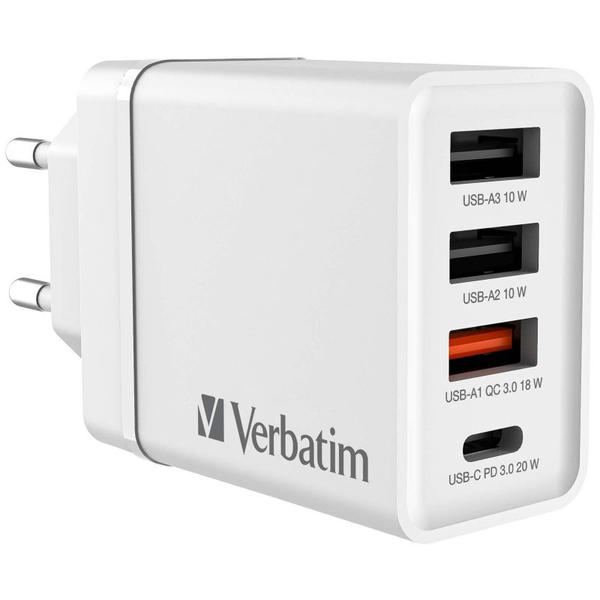 Verbatim 49701 USB Charger 30W with 1 x USB-C® PD 20 W / 1 x USB-A QC 3.0 / 2 x USB-A 10W White