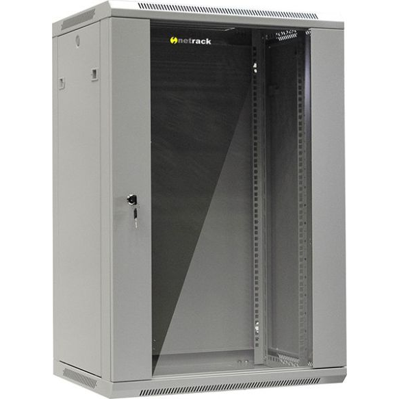 Стенен шкаф със стъклена врата и подвижна страна, Netrack, 18U/450 mm, 19", сив