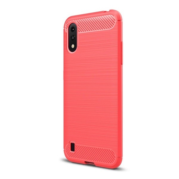 Samsung Galaxy A01 SM-A015F, Szilikon tok, közepesen ütésálló, szálcsiszolt, karbon minta, piros (G93520)