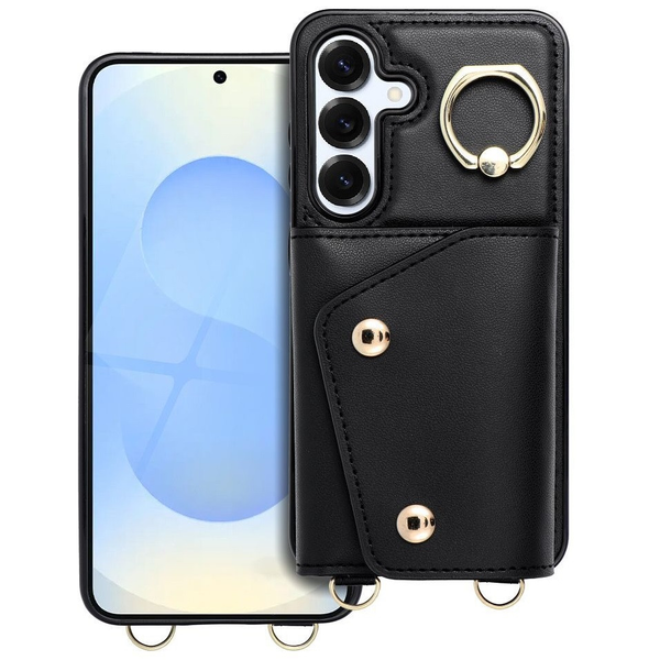 Utángyártott Wonder Samsung Galaxy A16 5G kártyatartós tok gyűrűs kitámasztóval, csuklóra / vállra akasztható pánttal, fekete