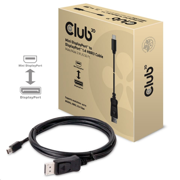 CLUB3D MINI DISPLAY PORT 1.4 MALE TO DISPLAYPORT 1.4 MALE CABLE 2METER 2 м Черен