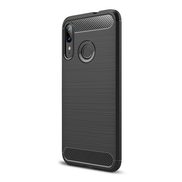 Szilikon telefonvédő (közepesen ütésálló, légpárnás sarok, szálcsiszolt, karbon minta) FEKETE [Motorola Moto E6 Plus (XT2052)] (5996457929740)