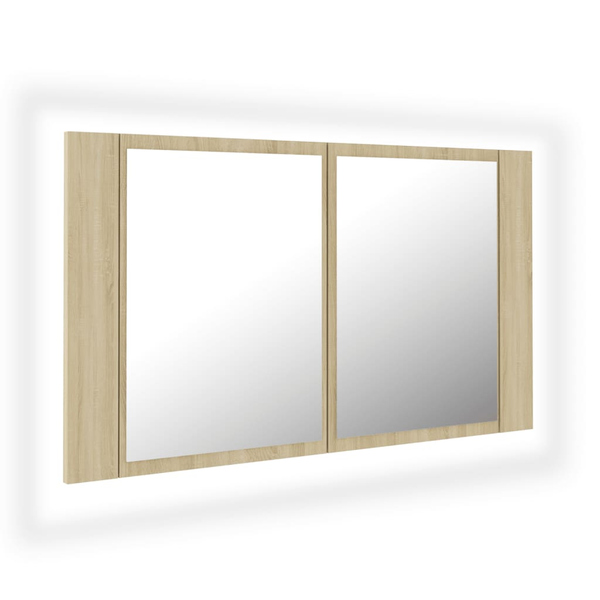 tölgyszínű akril LED-es tükrös fürdőszobaszekrény 80x12x45 cm