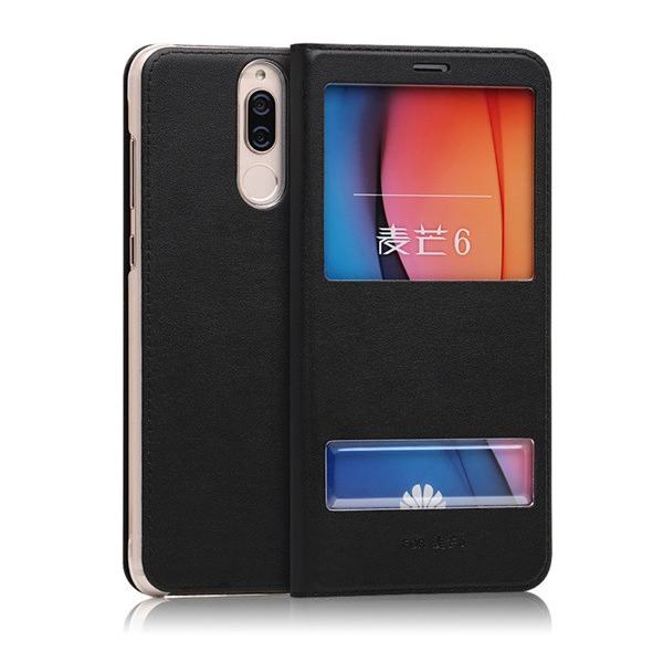 Tok álló, bőr hatású (FLIP, oldalra nyíló, Dual View Window) FEKETE [Huawei Mate 10 Lite] (5996457734948)