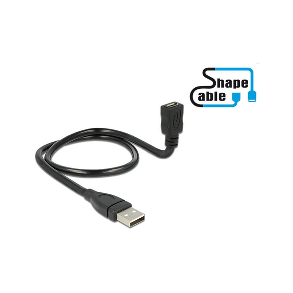 Delock USB-A 2.0 -> USB-B 2.0 micro M/F adatkábel 0.5m fekete ShapeCable