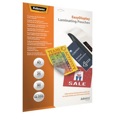 Fellowes Admire Easy Display Meleglamináló fólia öntapadó, A3, 80 mikron fényes, 25 db (5601803) (fe5601803)