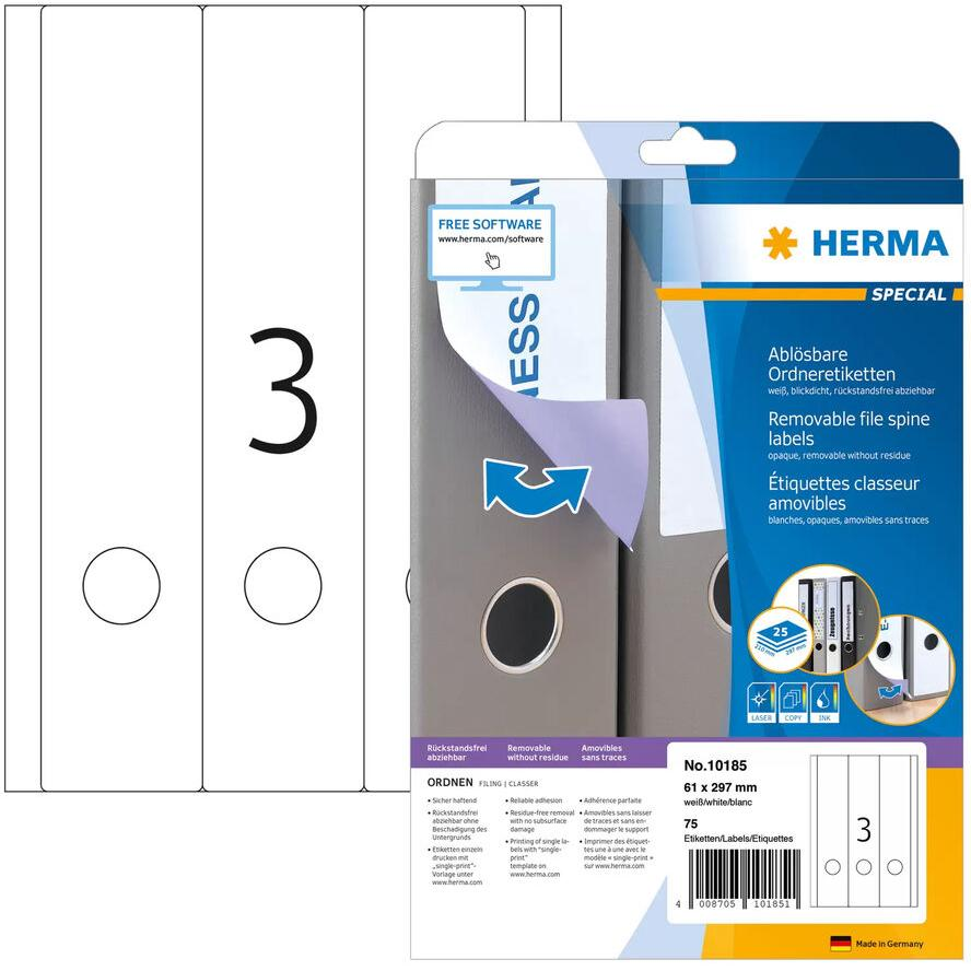 HERMA Ordneretiketten A4 weiß 61x297 mm ablösb. opak 75 St. (10185) (10185)