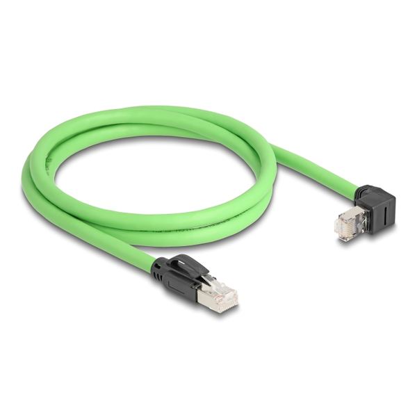 Delock RJ45 hálózati kábel Cat.6A apa - apa felfelé néző csatlakozódugóval SF/UTP alkalmas kábelvezető láncokhoz PUR (TPU) 1 m zöld (80892)