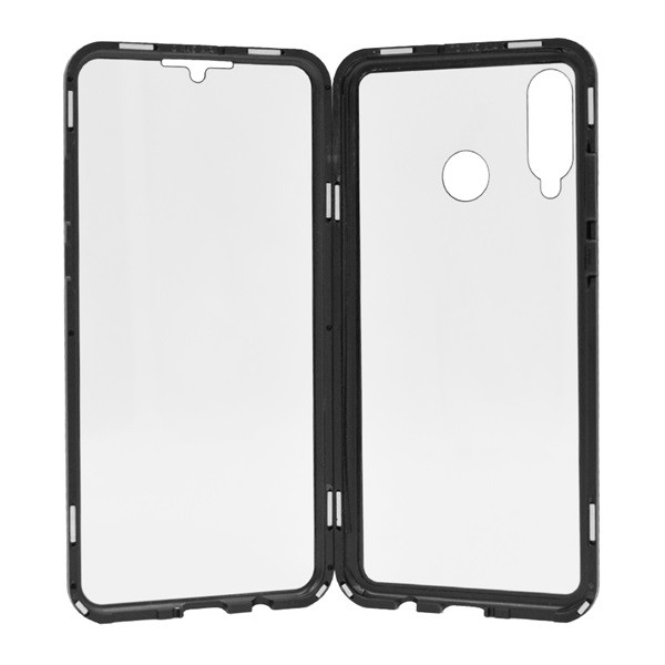 Alumínium telefonvédő (360°-os védelem, mágneses, közepesen ütésálló, edzett üveg előlap, hátlap, 9H) FEKETE [Huawei P30 Lite (Nova 4e)] (5996457989331)