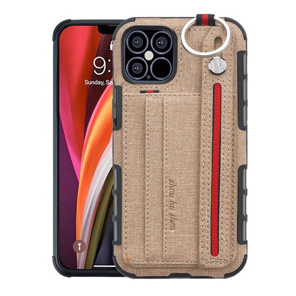 Szilikon telefonvédő (közepesen ütésálló, asztali tartó funkció, bankkártya tartó, textil hátlap + kézpánt) VILÁGOSBARNA [Apple iPhone 12 Pro] (5996591002736)