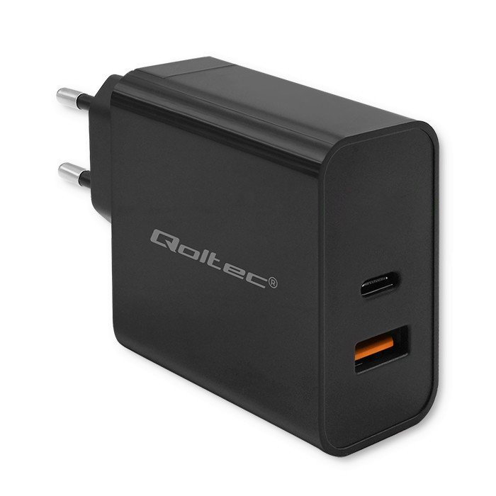 Qoltec 52381 Super Quick 1x USB Type-C / 1x USB Type-A Hálózati töltő - Fekete (90W) (52381)