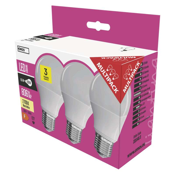 EMOS LED izzó 3db A60 E27 9W 806lm meleg fehér (DBKF-EMZQ5140-3)