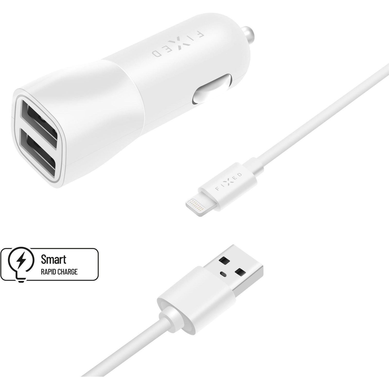 FIXED Smart Rapid Charge 15 W 2x USB kimenettel és USB/Lightning kábellel MFI tanúsítvány, fehér (FIXCC15-2UL-WH)
