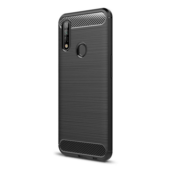 Szilikon telefonvédő (közepesen ütésálló, légpárnás sarok, szálcsiszolt, karbon minta) FEKETE [Oppo A31] (5996591072548)
