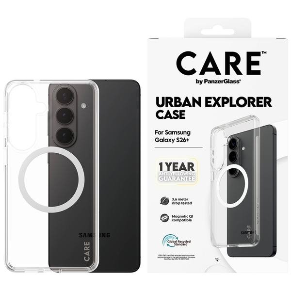PanzerGlass CARE™ by ® Urban Explorer Case Transparent w. White Qi Samsung Galaxy S26+ custodia per cellulare Cover Trasparente