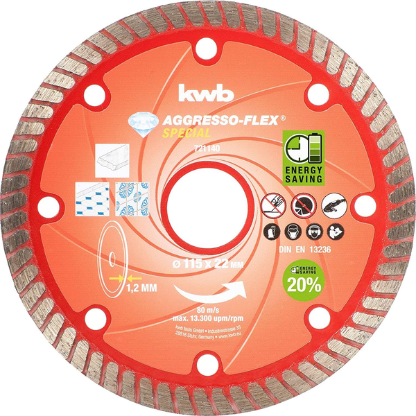 kwb 721140 Vágótárcsa, egyenes 115 mm 1 db Beton, Gránit, Márvány, Kerámia, Csempe, Porcelán, Natúr kő, Műkő
