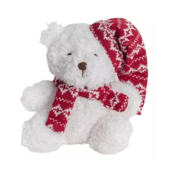 Piros sapkás karácsonyi maci plüssfigura 13 cm