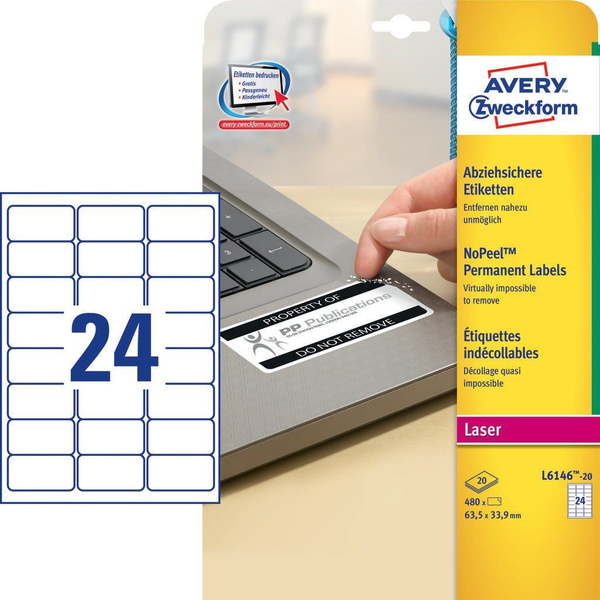 Avery Etiquetas Laser Caja 20 Hojas 480 Ud 63.5x33.9 L6146-20