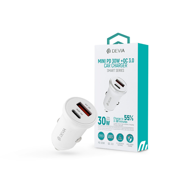 Devia Smart Series Mini 30W PD+QC USB+Type-C autós töltő adapter - fehér