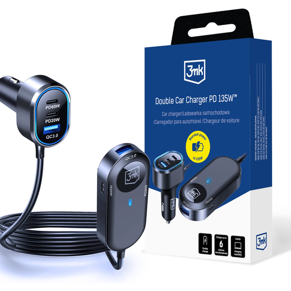 Automobilová 3mk 135W, prodlužovací kabel, 4x USB-C 2x USB-A PD QC PPS