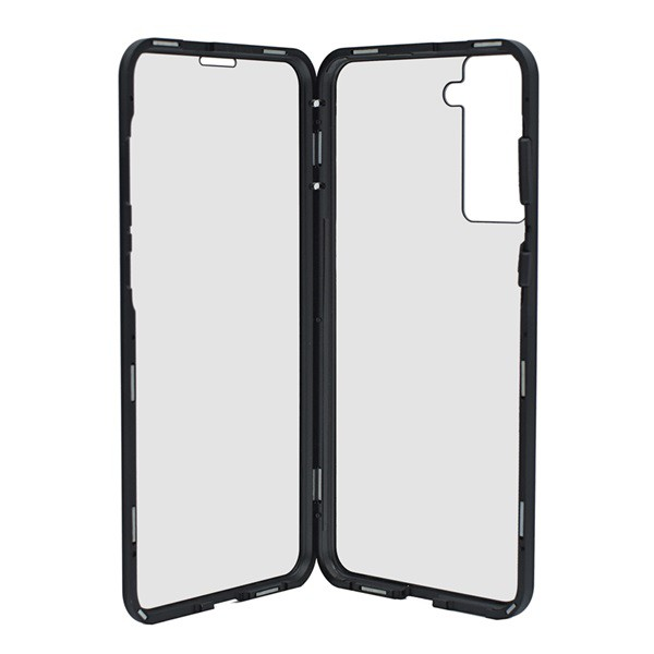 Alumínium telefonvédő (360°-os védelem, mágneses, közepesen ütésálló, edzett üveg előlap, hátlap, 9H) FEKETE [Samsung Galaxy S21 Plus (SM-G996) 5G] (5996591049991)