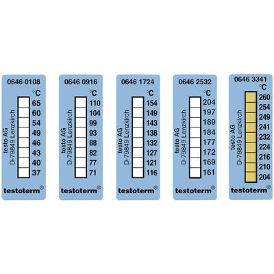 Öntapadós, felragasztható hőmérőcsík, 50 x 18 mm, 204/210/216/224/232/241/249/254/260 °C-ig Testo Testoterm (0646 3341)