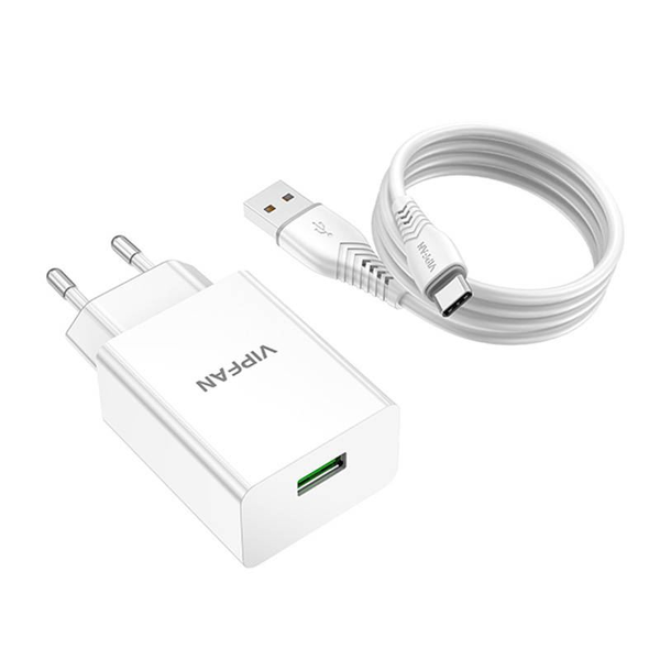 Зарядно устройство Vipfan, E03, Включен USB Type-C кабел за зареждане, 18 W, QC 3.0, Пластмаса, Бял