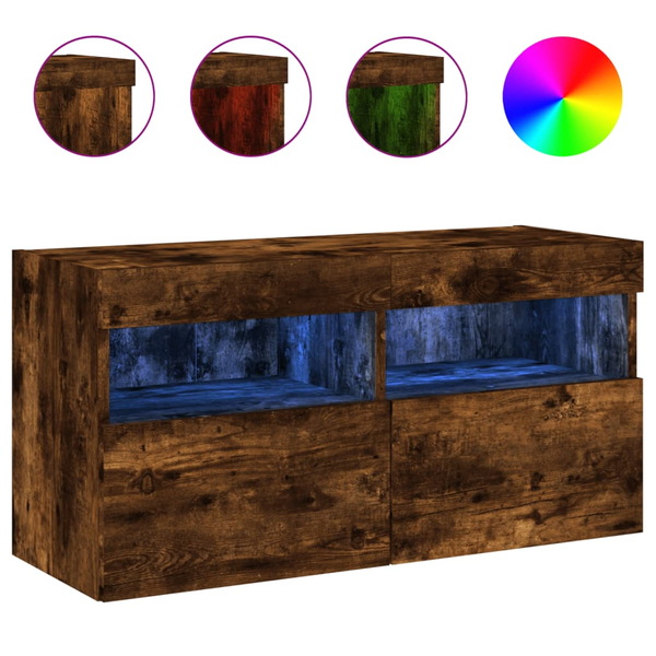 Comodă TV de perete cu lumini LED, stejar fumuriu, 80x30x40 cm
