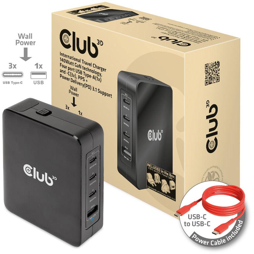 Club3D Reiseladegerät 3xUSB Typ C, 1xUSB Typ A, PD 140W retail (CAC-1917)