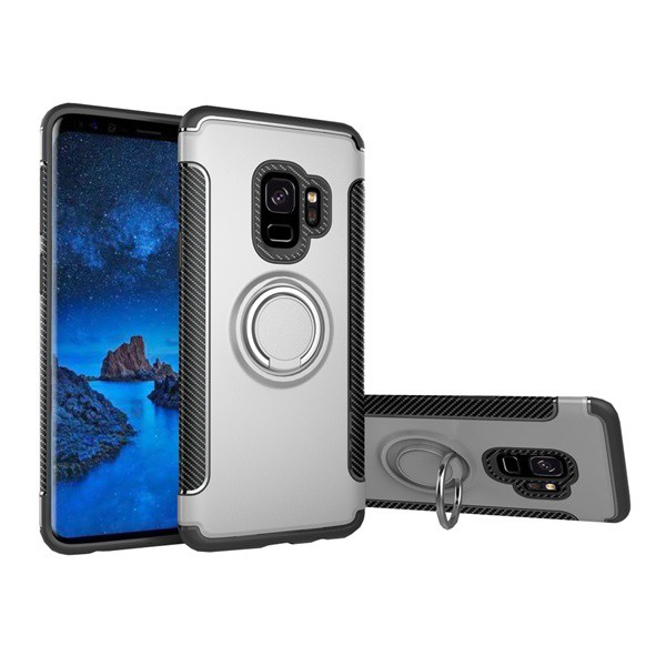 Műanyag telefonvédő (szilikon keret, asztali tartó funkció, telefontartó gyűrű, beépített fémlemez, karbon minta) EZÜST [Samsung Galaxy S9 (SM-G960)] (5996457814039)