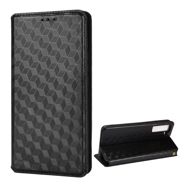 Tok álló, bőr hatású (FLIP, oldalra nyíló, asztali tartó funkció, teljes 3D rombusz minta, prémium) FEKETE [Samsung Galaxy S22 5G (SM-S901)] (5996591130026)