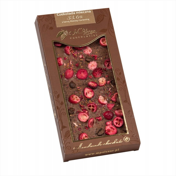 Mleczna czekolada M.Pelczar Chocolatier z kawą Abessą i żurawiną 85g