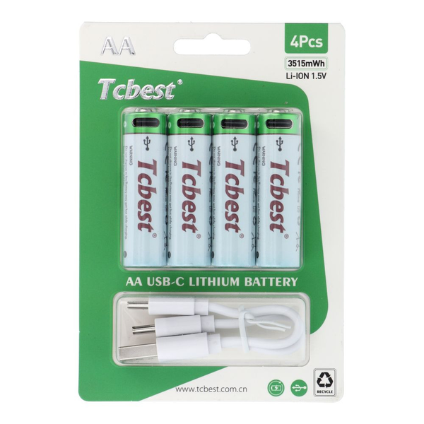 Tcbest újratölthető R6 (AA) elem 950 mAh, USB-C csatlakozóval és töltőkábellel (4db) (6954457881795)