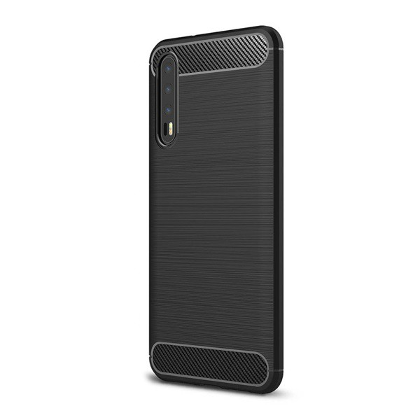 Szilikon telefonvédő (közepesen ütésálló, légpárnás sarok, szálcsiszolt, karbon minta) FEKETE [Huawei P20 Pro] (5996457758753)