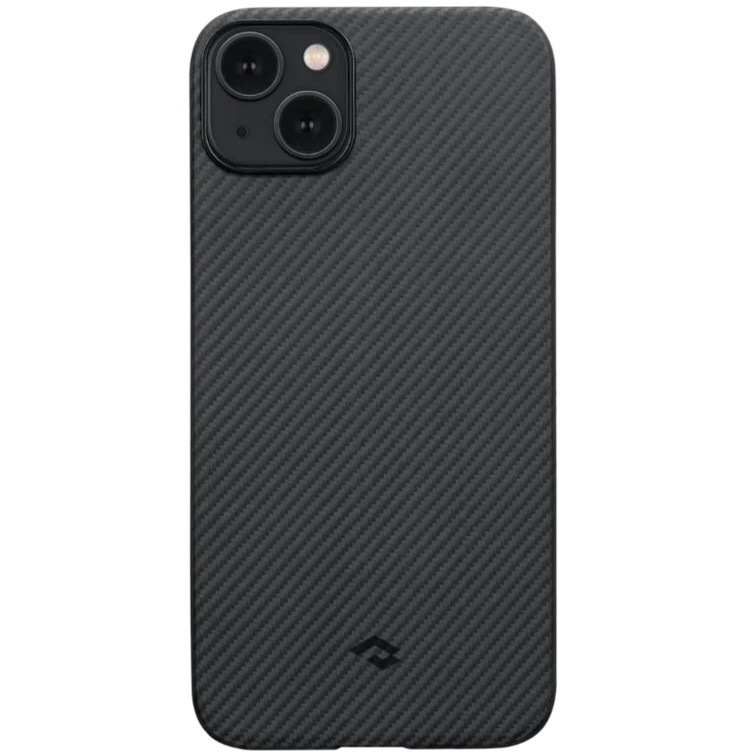 Apple iPhone 14 Plus, Műanyag hátlap védőtok, közepesen ütésálló, 600D aramidszállal, Magsafe töltővel kompatibilis, karbon minta, Pitaka MagEz Case 3, fekete/szürke (XP126918)