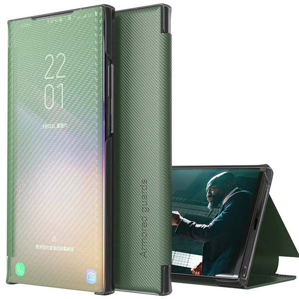 Samsung Galaxy A42 5G / M42 5G SM-A426B / M426B, carcasa cu deschidere laterala, suport, indicator de apel, model kevlar, Wooze Smart View Cover Carbon, verde (109508)