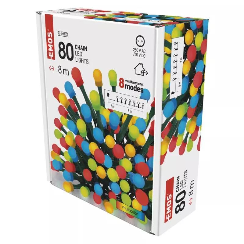 EMOS LED fényfüzér cseresznye golyók 8m kültéri és beltéri programozható többszínű (D5AM05) (D5AM05)