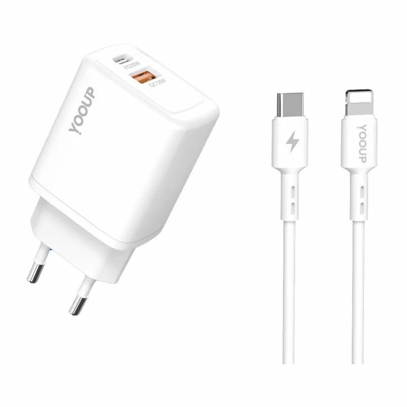 Yooup NC56-D USB-A / USB-C Hálózati Töltő Adapter 20W + USB-C/Lightning kábel - Fehér (NC56-D + NB36-CL-1M)