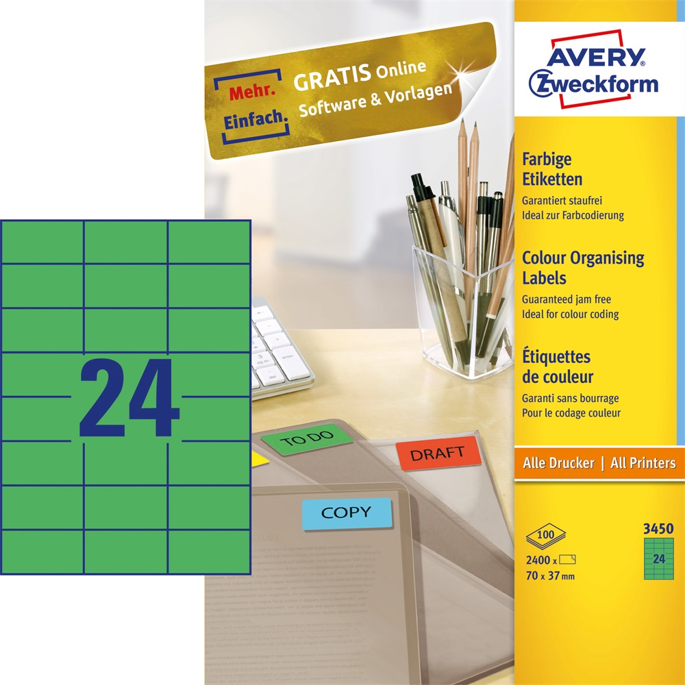 Avery Etikett címke, 70 x37mm, univerzális, 24 címke/ív, 100 ív/doboz, zöld (3450) (3450)